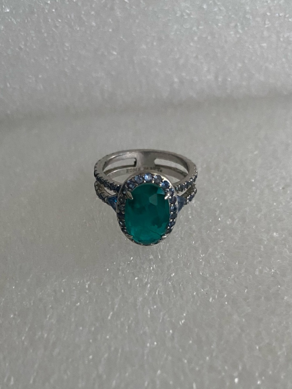 Silver Ring with Emerald Green Oval Gemstone and Blue Accents